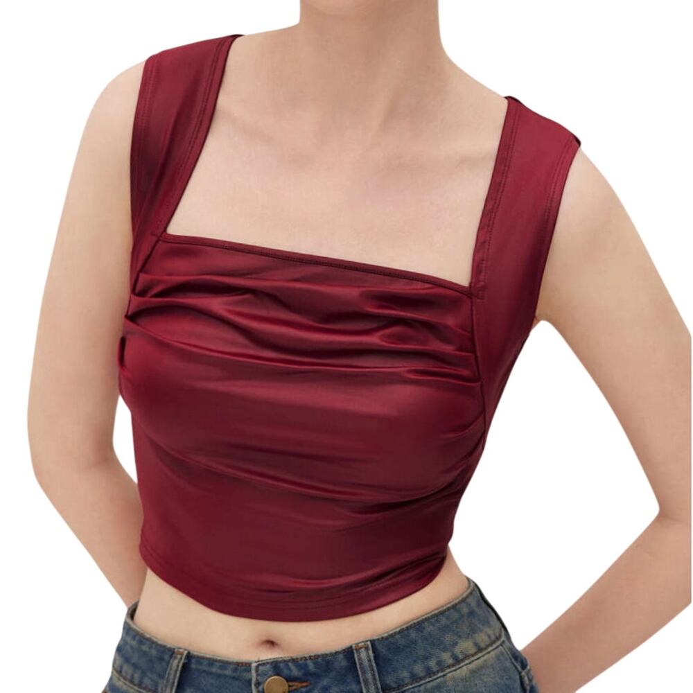 Cider Womens Wine Red Satin Cropped Top Size Small | Square Neck Ruched Tank NWT